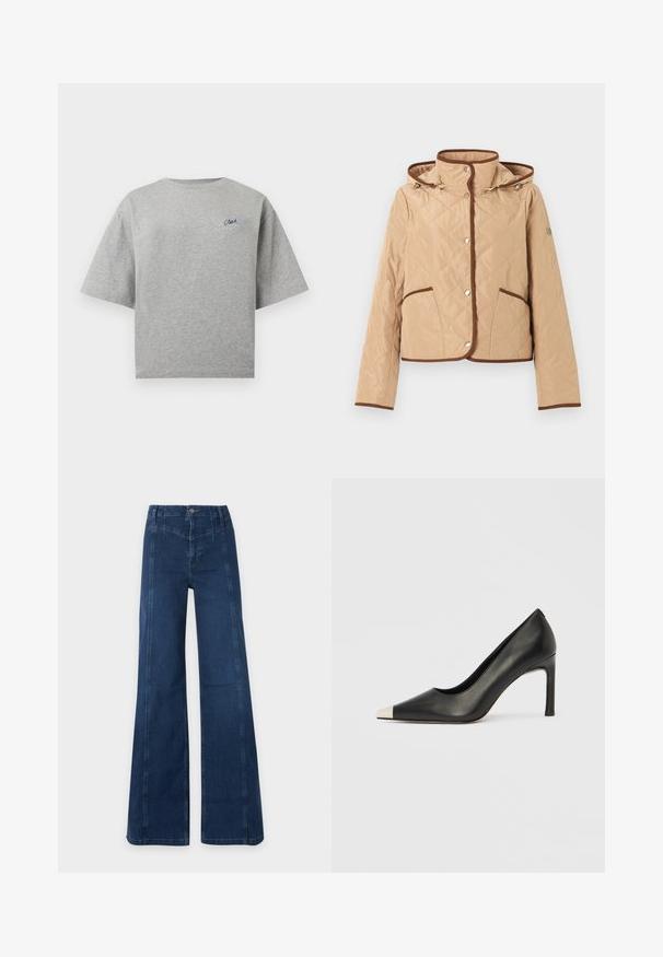 Veste matelassée beige avec bordure marron, fermeture à boutons-pression, deux poches avant, manches longues et capuche attachée.; T-shirt gris clair à manches courtes et col rond avec un petit logo en écriture bleu foncé sur la poitrine gauche.; Jean bleu foncé taille haute à jambes larges, coutures visibles et fermeture à boutons devant, sur un fond clair uni.; Chaussure à talon haut en cuir noir avec bout pointu et capuchon argenté métallique. Présente une finition lisse et un talon fin de 10 cm.