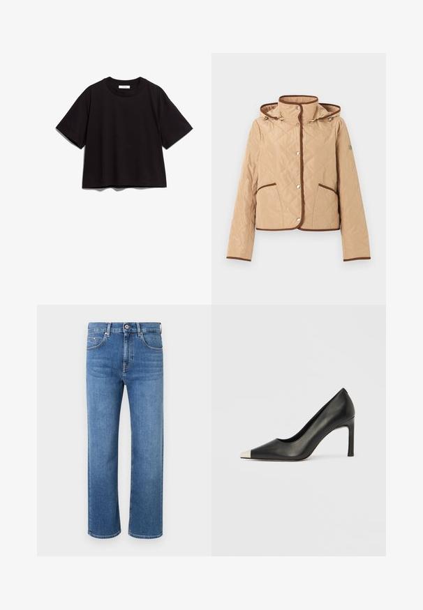 Chaqueta acolchada beige con ribete marrón, cierre de botones a presión, dos bolsillos delanteros, mangas largas y capucha adjunta.; Camiseta de algodón negra de manga corta y cuello redondo. Tiene un corte holgado y un diseño sencillo y sin adornos.; Vaqueros de mezclilla azul con corte recto, diseño clásico de cinco bolsillos y cierre de botón, exhibidos sobre un fondo blanco.; Zapato de tacón alto de cuero negro con punta en forma de pico y una tapa metálica plateada. Presenta un acabado suave y un tacón delgado de 10 cm.