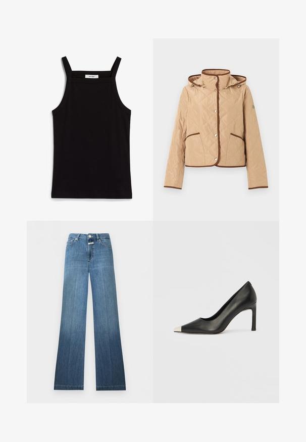 Beige gesteppte Jacke mit braunen Besätzen, Druckknopfverschluss, zwei Vorderaschen, langen Ärmeln und angenähter Kapuze.; Schwarzes Tanktop mit dünnen Spaghetti-Trägern, aus geripptem Stoff, mit geradem Schnitt und einem Etikett am Hals, auf dem "IVY OAK" steht.; Blaue Jeans aus Denim mit hoher Taille, Knopfverschluss, Taschen vorne und hinten sowie einem leichten Schlag am unteren Saum.; Schwarzer Lederschuh mit hohem Absatz, spitz zulaufender Zehenpartie und metallischer silberner Spitze. Verfügt über eine glatte Oberfläche und einen schlanken 10 cm hohen Absatz.