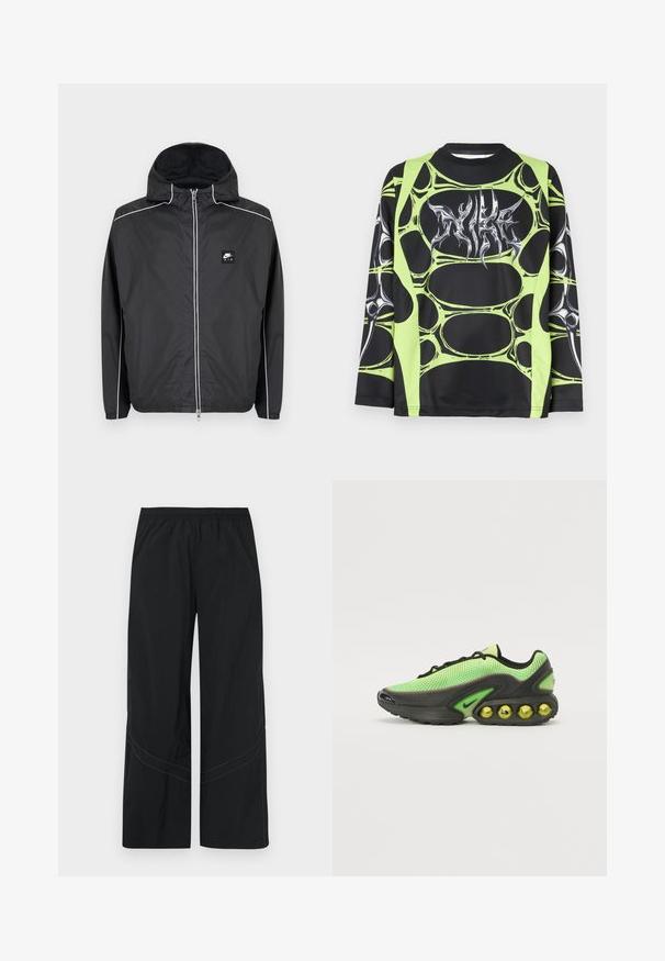 Sort Nike Air hættejakke med lynlås og hvide striber langs ærmer, skuldre og lynlås, med elastiske manchetter og kant.; Langærmet sort sportstop med grønt abstrakt mønster og sølvfarvet grafisk logo. Fremstillet af let, elastisk materiale.; Sorte bukser med vide ben lavet af letvægtsstof med elastisk talje og diskret buet syningsdetalje ved kanten.; Nike sneakers med en mesh-overdel i lys grøn, sorte accenter og en karakteristisk sål med synlige gule luftbobler.