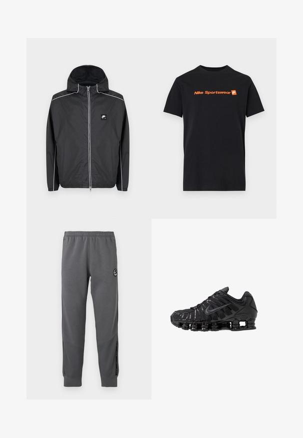 Sort Nike Air hættejakke med lynlås og hvide striber langs ærmer, skuldre og lynlås, med elastiske manchetter og kant.; Sort T-shirt med korte ærmer med orange "Nike Sportswear" tekst og lille Nike swoosh-logo på en kvadratisk baggrund midt på brystet.; Grå sweatpants lavet af blødt stof med elastisk talje, tætsiddende ben, sidelommer og en cirkulær logo-patch.; Sorte atletikskoser lavet af mesh og syntetiske materialer, med et karakteristisk bølget design, sort gummisål og reflekterende detaljer.