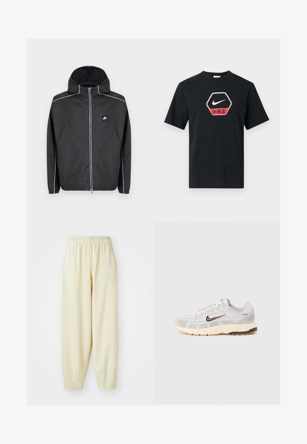 Schwarze Nike Air Zip-up Kapuzenjacke mit weißer Paspelierung an Ärmeln, Schultern und Reißverschluss, mit elastischen Bündchen und Saum.; Schwarzes T-Shirt mit kurzen Ärmeln und sechseckigem Logo, das einen weißen Nike-Swoosh und ein rotes Panel mit dem Schriftzug "NIKE" auf der Brust zeigt.; Cremefarbene Sweatpants mit einem elastischen Bund, schmal zulaufenden Beinen und einer lockeren Passform. Hergestellt aus weichem, leichtem Material.; Herren-Laufschuh in Hellgrau und Creme mit atmungsaktivem Mesh-Obermaterial, dunkelrotem Nike-Swoosh, gepolstertem Kragen und einer strukturierten Sohle.