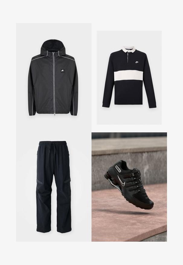 Sort Nike Air hættejakke med lynlås og hvide striber langs ærmer, skuldre og lynlås, med elastiske manchetter og kant.; Sort langærmet rugby polo med hvid horisontal stribe over brystet, hvid krave, knaplukning og lille hvid Nike-logo på venstre bryst.; Sorte, afslappede bukser med elastisk talje, snor og lynlåslommer på en hvid baggrund.; Sort Nike Shox løbesko med hvid swoosh-logo, midt i luften over en rosa betonoverflade mod en grå stenmur som baggrund.