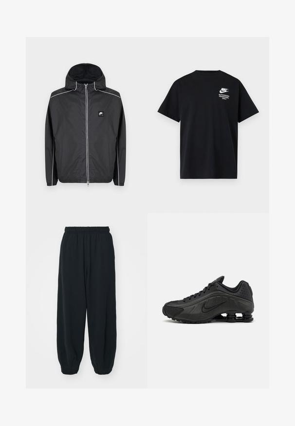 Zwarte Nike Air zip-up capuchonjas met witte bies langs mouwen, schouders en ritssluiting, voorzien van elastische manchetten en zoom.; Zwart Nike T-shirt met korte mouwen met witte tekst "Authorized Personnel Only" en logo op de bovenste linkerborst.; Zwarte, elastiche sweatpants met een losse pasvorm, manchetten aan de enkels, een zachte textuur en zonder zichtbare patronen of hardwareaccenten.; Zwarte hardloopschoenen met een glad bovenwerk van synthetisch materiaal, geperforeerde accenten, gestructureerde zijpanelen en een opvallende veerkrachtige zool.