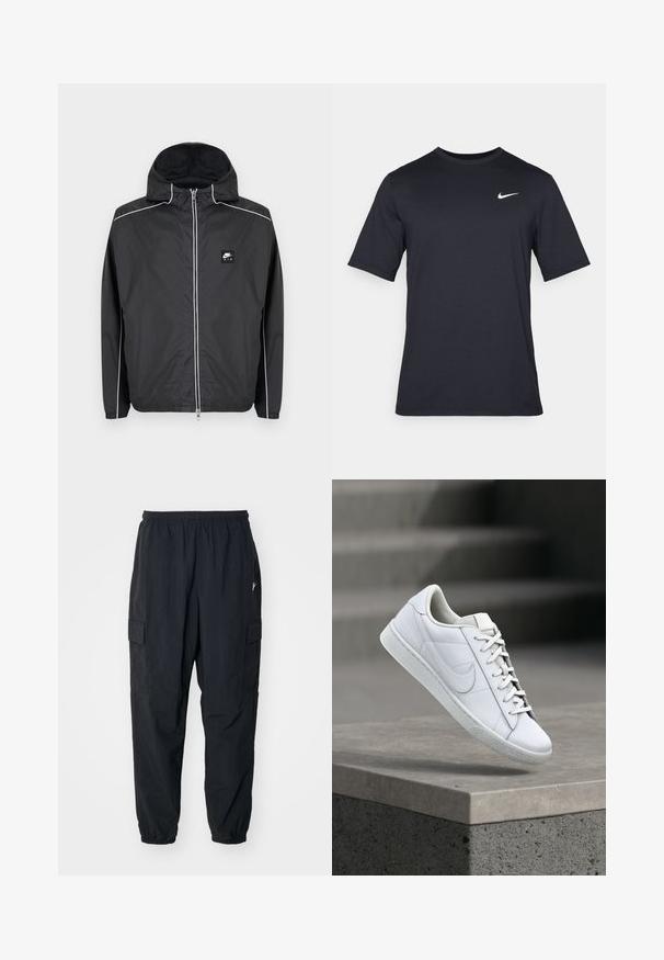 Sort Nike Air hættejakke med lynlås og hvide striber langs ærmer, skuldre og lynlås, med elastiske manchetter og kant.; Sort kortærmet Nike t-shirt lavet af glat stof, med et hvidt swoosh-logo på øverste venstre side, rund halsudskæring.; Sorte cargo-bukser lavet af letvægtsmateriale, der har en elastisk talje, sidelommer og en afslappet pasform med elastiske manchetter.; Hvid lædersneaker med snørebånd og Nike swoosh-logo, der svæver over en betonkant i en udendørs setting.