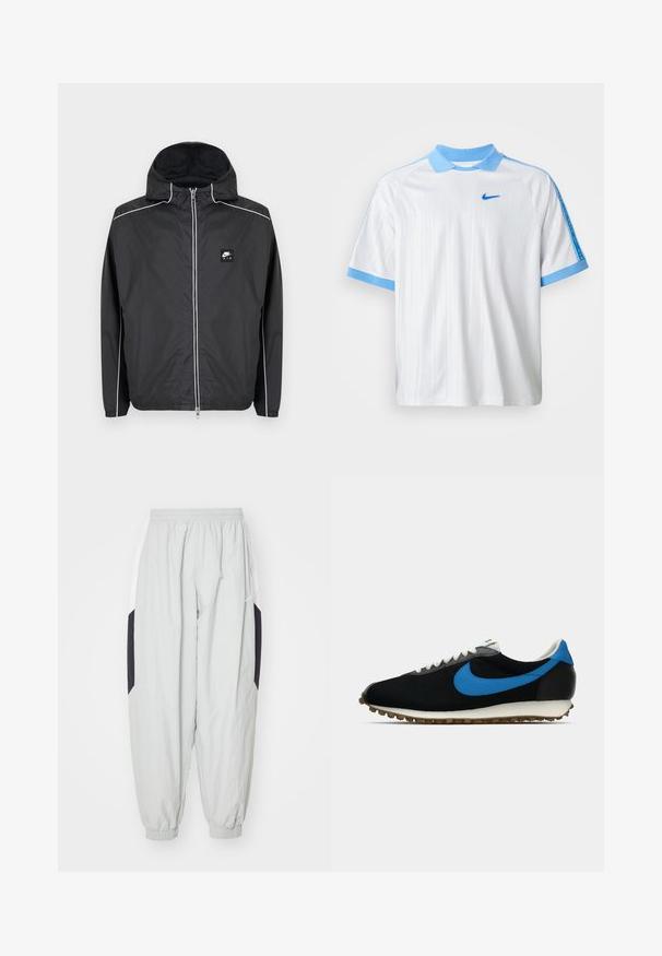 Sort Nike Air hættejakke med lynlås og hvide striber langs ærmer, skuldre og lynlås, med elastiske manchetter og kant.; Hvid Nike sports T-shirt med lyseblå krave, ærmekanter og skulderstriber, der har et lille blåt Nike swoosh på brystet.; Lys grå træningsbukser lavet af letvægtsstof, med elastisk talje og manchetter, samt kontrasterende sorte og hvide sidelapper.; Sort atletisk sko med blå accenter, tekstureret stofoverdel, hvide snørebånd og en gummiydersål med markante trådsporer.