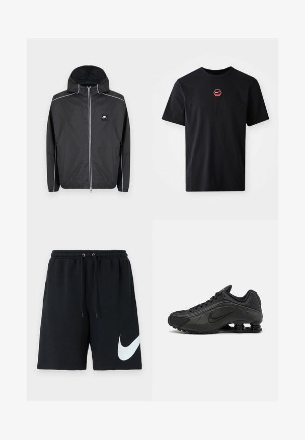 Μαύρο zip-up φούτερ με κουκούλα της Nike Air με λευκή επένδυση κατά μήκος των μανικιών, ώμων και φερμουάρ, με ελαστικά μανίκια και τελείωμα.; Μαύρο βαμβακερό T-shirt με κοντό μανίκι, με εξαγωνικό κόκκινο και λευκό λογότυπο Nike στο στήθος και στρογγυλή λαιμόκοψη.; Μαύρες βαμβακερές σορτς με ελαστική μέση, κορδόνι, πλαϊνές τσέπες και μεγάλο λευκό λογότυπο Nike εκτυπωμένο στην αριστερή πλευρά.; Μαύρα αθλητικά παπούτσια με λείο συνθετικό άνω μέρος, διάτρητες λεπτομέρειες, υφή στις πλευρές και ξεχωριστή ελαστική σόλα.