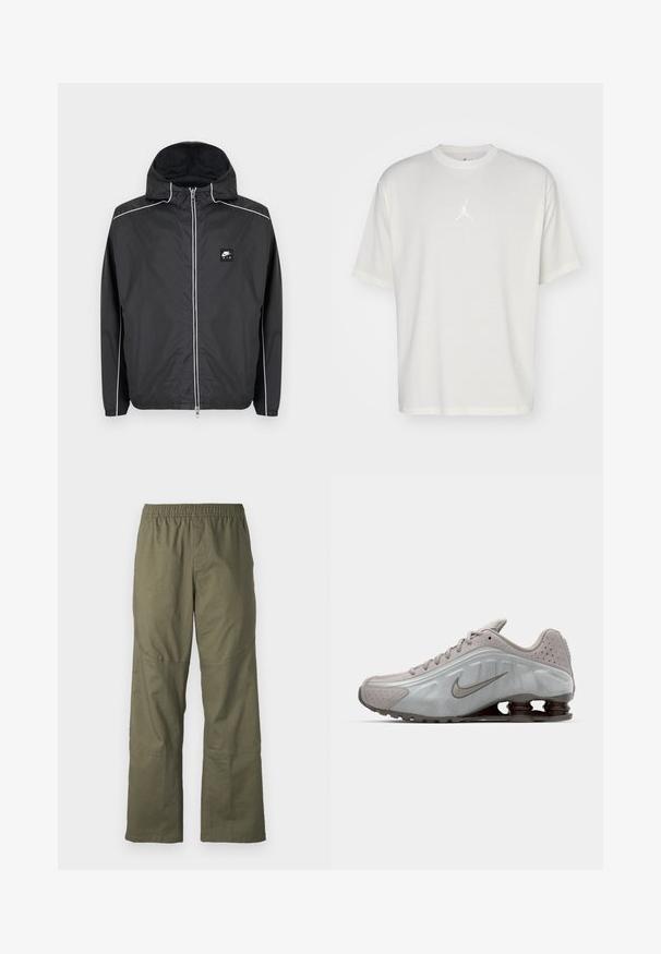 Chaqueta con capucha negra de Nike Air con cremallera, con ribetes blancos a lo largo de las mangas, hombros y cremallera, y puños y dobladillo elásticos.; Camiseta de algodón blanca con cuello redondo, mangas cortas y un pequeño logo bordado en el centro. Diseño de corte holgado con costuras mínimas.; Pantalones cargo verde oliva con cinturilla elástica, piernas anchas y paneles en las rodillas, fabricados con un tejido duradero.; Zapatilla de running de Nike en gris claro con una textura suave, diseño curvado y muelles de amortiguación visibles en marrón oscuro en el talón.