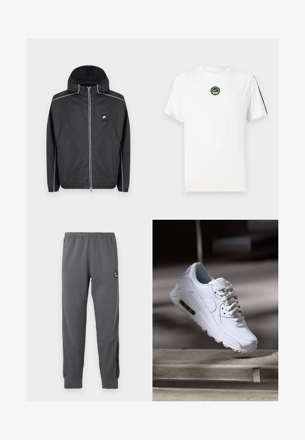 Schwarze Nike Air Zip-up Kapuzenjacke mit weißer Paspelierung an Ärmeln, Schultern und Reißverschluss, mit elastischen Bündchen und Saum.; Weißes Nike T-Shirt mit kurzen Ärmeln, grünem und schwarzem rundem Logo auf der Brust und schwarzem Streifen mit Text auf dem rechten Ärmel.; Graue Sweatpants aus weichem Stoff mit einem elastischen Bund, schmal zulaufenden Beinen, Seitenpaneelen und einem runden Logo-Patch.; Weiße Lederturnschuhe mit strukturierten Oberflächen, gepolstertem Kragen und sichtbarer Luftpolsterung in der Sohle. Verfügt über Schnürsenkel und ein minimalistisches Design.
