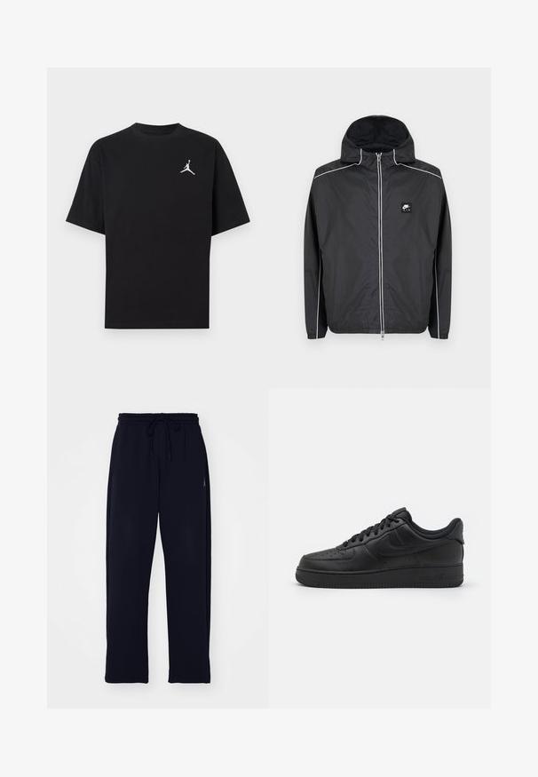 Črno Nike Air jakno s kapuco z zadrgo, z belim trakovi ob rokavih, ramenih in zadrgi, opremljeno z elastičnimi manšetami in spodnjim robom.; Črna bombažna majica s kratkimi rokavi, na levi strani prsi pa je bel logotip Jumpman. Okrogli izrez, redni kroj in gladka tekstura.; Črne trenirke iz mehkega blaga. Imajo elastičen pas s vrvico in stranske žepe. Ravna nogavica.; Nike Sportswear AIR FORCE 1 07 FLYEASE - Športni copati - black