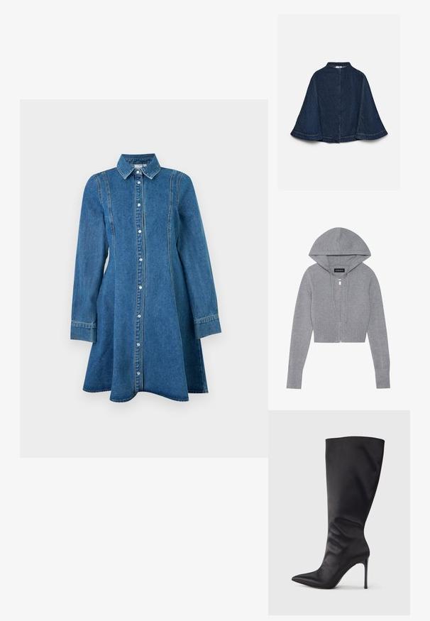 Cape en denim bleu foncé avec manches larges, col montant et coutures claires visibles, présentée sur un fond clair uni.; Haut de sweatshirt gris à zip, coupé et en matière tricot douce. Il présente une capuche, un ourlet et des poignets côtelés, avec un détail de fermeture éclair en argent.; Robe en denim bleu à manches longues avec col, fermeture boutonnée sur le devant et détails de coutures, s'évasant légèrement à l'ourlet.; Botte noire haute jusqu'aux genoux en cuir verni lisse et élégant ; bout pointu ; ajustée avec un léger froncé près de la cheville ; talon brillant.