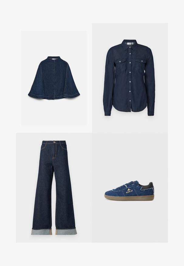 Cape en denim bleu foncé avec manches larges, col montant et coutures claires visibles, présentée sur un fond clair uni.; Chemise boutonnée bleu marine en tissu léger, dotée de deux poches avant, de manches longues et d'un col classique avec un ourlet arrondi.; Jean en denim foncé à jambes larges avec des coutures orange, présentant une taille haute, deux poches avant et des ourlets retroussés mettant en valeur un tissu contrastant bleu clair.; Replay PYPER - Baskets basses - blue