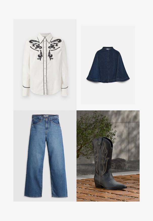 Dunkelblauer Denim-Cape mit weiten Ärmeln, hohem Kragen und sichtbaren hellen Nähten, vor einem schlichten hellen Hintergrund präsentiert.; Weißes Baumwollhemd mit schwarzer floralem Stickerei auf der Brust, schwarzem Piping entlang des Kragens und der Manschetten sowie einer Knopfleiste.; Blaue Denim-weite Jeans mit hohem Bund, ausgestattet mit fünf Taschen, kontrastierenden Nähten und einem Reißverschluss.; Schwarzer Cowboy-Stiefel mit dekorativer Naht, spitzer Spitze und Absatz, stehend auf Holzfliesen mit grünem Strauch und Betonwand im Hintergrund.
