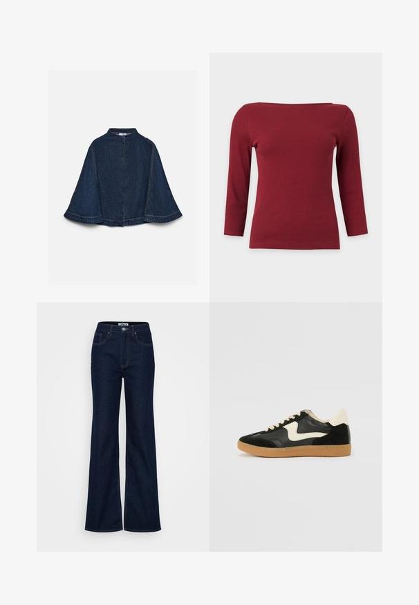Donkerblauwe denimcape met brede mouwen, hoge halslijn en zichtbare lichte stiksels, getoond tegen een effen lichte achtergrond.; Effen donkerrood geribd top met lange mouwen, een brede boothals en een aansluitend silhouet op een lichtgrijze achtergrond.; ONLY Tall ONLJUICY WIDE RINSE - Wide leg - dark blue denim; Zwarte suède en leren sneaker met een crèmekleurige zij-swoosh en lichte crèmekleurige hiel. Voorzien van beige veters en een gumrubberen zool.