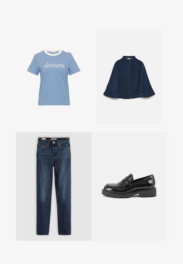 Donkerblauwe denimcape met brede mouwen, hoge halslijn en zichtbare lichte stiksels, getoond tegen een effen lichte achtergrond.; Blauw-witte gestreepte kortemouwen t-shirt met een witte geribbelde halslijn en de tekst "droom" in witte schrift op de voorkant.; Diepblauwe rechte jeans met vijf zakken, knoop- en ritssluiting, en contrasterende stiksels.; Zwarte laarsjes van patentaal leer met een gestructureerde neus, een decoratieve band over de wreef en een dikke, robuuste zool. Gladde, glanzende afwerking.