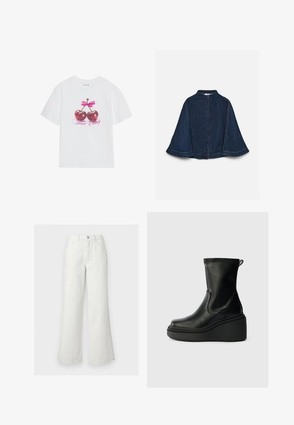 Donkerblauwe denimcape met brede mouwen, hoge halslijn en zichtbare lichte stiksels, getoond tegen een effen lichte achtergrond.; Witte katoenen t-shirt met een grafisch ontwerp van twee glanzende rode kersen met een roze strik erboven en de tekst "Sweet Candy" in het roze.; Witte wijde jeans met hoge taille, voorzakken, riemlussen, knoopsluiting en decoratieve zijstrikdetails aan beide pijpen.; Zwarte leren enkellaars met een wigzool, gladde textuur, ronde neus, elastische zijkanten en een aantreklip aan de achterkant.