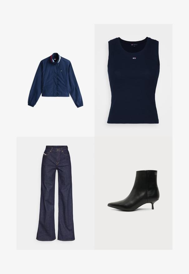 Marineblaue Windjacke mit Kragen, vorderem Knopfverschluss und elastischen Bündchen. Verfügt über mehrfarbige gestreifte Akzente am Kragen.; Dunkelblaues Baumwoll-Tanktop mit geripptem Textur, rundem Ausschnitt und kleinem gesticktem Logo auf der Brust. Leicht und körpernah geschnitten.; Dunkelblaue weite Jeans aus Denimstoff mit hoher Taille, ausgestattet mit orangefarbenen Nähten, fünf Taschen und einem Knopfverschluss.; Schwarzer Leder-Knöchel-Stiefel mit spitzer Spitze und niedrigem Kittenabsatz vor hellem Hintergrund, seitliche Ansicht.