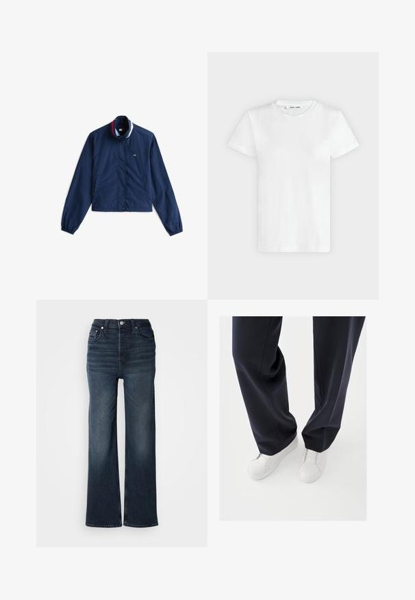 Veste coupe-vent bleu marine avec col, boutons frontaux et poignets élastiques. Présente des accents rayés multicolores au niveau du col.; T-shirt blanc uni à manches courtes et col rond, posé à plat sur un fond gris clair, montrant le devant avec l'étiquette à l'intérieur du col.; Jeans larges bleu foncé en denim. Design taille haute avec fermeture à bouton à l'avant et poches latérales. Texture lisse et coupe classique.; Baskets blanches avec semelles en caoutchouc texturées et lacets plats, associées à un pantalon bleu marine foncé affichant un tissu fluide et ample et une coupe ajustée.