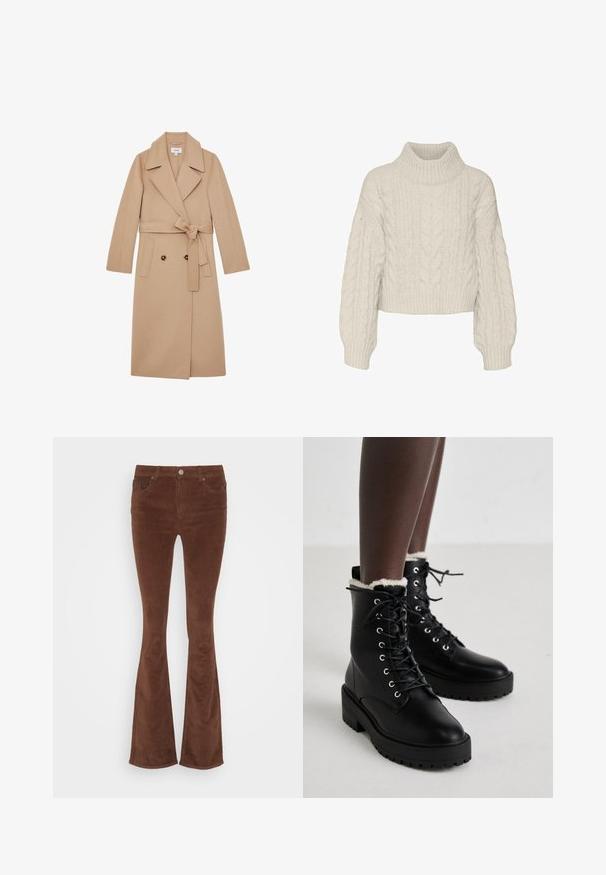 Langt uldfrakke i kamelfarve med brede revers, knaplukning, to forlommer og et bundet stofbælte i taljen.; Vero Moda Knitted VMDREAM Knitted - Striktrøje - birch; Brune fløjl flared jeans med en glat overflade, fem lommer og en enkelt metalknap i taljen.; Sorte snørebåndsankelstøvler med kraftige såler og hvid fleeceforing, båret af en person, der står på et lyst gulv.