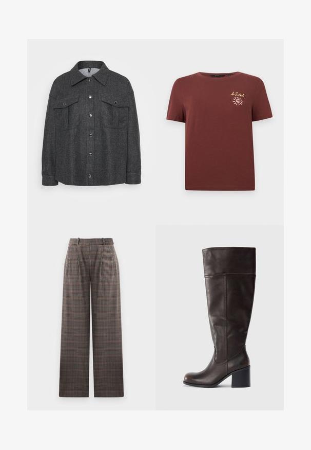 Veste gris en mélange de laine avec fermeture à boutons, deux poches poitrine et un col. Texture douce avec une coupe décontractée.; T-shirt marron à manches courtes avec col rond et petit texte jaune "le Soleil" accompagné d'un graphique de soleil sur la poitrine gauche.; Pantalons à carreaux au design ample, présentant des plis, une taille haute, et un mélange de couleurs marron, noir et bleu clair.; Botte en cuir marron hauteur genou avec un bout rond et un talon empilé. Présente une texture lisse et des coutures latérales.