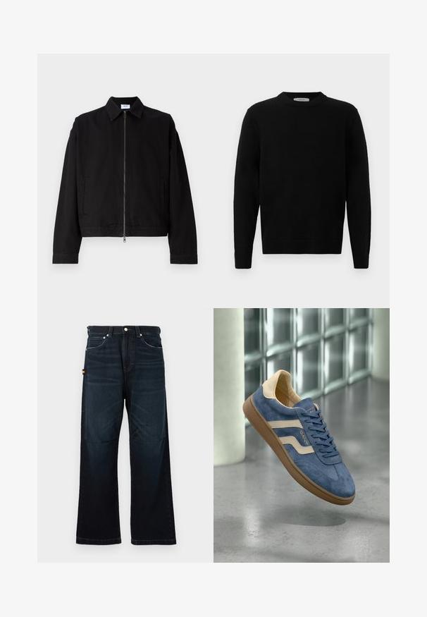 Schwarze, kurz geschnittene Jacke aus Baumwolle mit einem Frontreißverschluss, spitzem Kragen und seitlichen Taschen. Sie hat lange Ärmel und eine glatte Textur.; Schwarzer Strickpullover mit rundem Halsausschnitt, langen Ärmeln und gerippten Bündchen. Weicher Stoff mit einem klaren, minimalistischen Design, geeignet für lässige Anlässe.; Dunkelblaue gerade Jeans mit klassischem Fünf-Taschen-Design, Gürtelschlaufen und subtilen verblassten Details an der Vorderseite und an den Knien.; Blauer Wildleder-Sneaker mit beigen Streifen, brauner Sohle und Schnürsenkeln, schwebt in Innenräumen auf einem polierten Betonboden in der Nähe von Glasbausteinen.