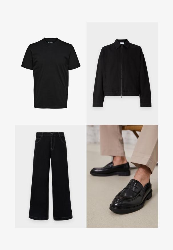Zwarte cropped jas van katoen met een ritssluiting aan de voorkant, puntige kraag en zijzakken. Heeft lange mouwen en een gladde textuur.; Eenvoudig zwart T-shirt met korte mouwen, ronde hals en een normaal model zonder zichtbare patronen of logo's.; Zwarte wijde spijkerbroek met knoopsluiting, vijf zakken en contrasterende witte stiksels langs de naden.; Zwarte leren loafers met een gladde afwerking, voorzien van een decoratieve band en contrasterende stiksels, gecombineerd met beige broeken.