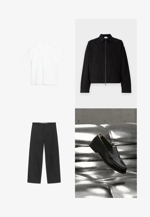 Veste noire courte en coton avec une fermeture éclair à l'avant, un col pointu et des poches latérales. Elle présente des manches longues et une texture lisse.; T-shirt en coton blanc avec des manches courtes, col rond, coupe droite. Texture lisse, sans motifs ni accents visibles. Design simple et minimal.; Pantalon noir à jambes larges en tissu lisse, doté d'une ceinture avec passants pour ceinture et de poches latérales, avec un design épuré et minimaliste.; Mocassin en cuir noir flottant au-dessus d'un canapé en cuir argenté brillant matelassé à boutons dans un décor minimaliste.