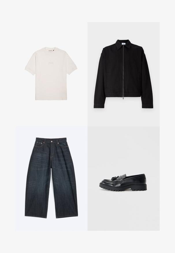 Veste noire courte en coton avec une fermeture éclair à l'avant, un col pointu et des poches latérales. Elle présente des manches longues et une texture lisse.; T-shirt blanc à manches courtes en coton doux, avec un logo de marque subtilement gaufré sur la poitrine et un col rond classique.; Jean bleu foncé à jambes larges avec poches avant, fermeture à boutons et coutures visibles, étalé à plat sur fond blanc.; Mocassins en cuir noir avec une finition brillante, semelle en caoutchouc épaisse et détail de frange décoratif à l'avant.