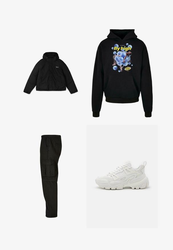 Veste en duvet noire, avec fermeture éclair à l'avant, capuche réglable avec cordons et deux poches latérales. Tissu doux et texturé.; Sweatshirt noir avec capuche arborant un graphique central de bulles bleues et une silhouette. Le texte indique "fly high" en jaune. Poche kangourou à l'avant.; Pantalons cargo noirs avec une coupe décontractée, une taille élastique, des poches latérales et une grande poche cargo sur la cuisse. Tissu doux et léger.; Des baskets de sport blanches avec une tige texturée, des panneaux en maille, une semelle en caoutchouc proéminente et des découpes décoratives sur les côtés.