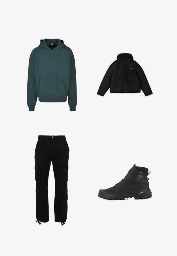 Schwarze Puffjacke mit Reißverschluss vorne, verstellbarer Kapuze mit Kordelzügen und zwei Seitentaschen. Weicher, strukturierten Stoff.; Grüne Kapuzenjacke aus weichem Material, mit einer Kängurutasche, entspannter Passform, gerippten Bündchen und Saum sowie einer doppellagigen Kapuze.; Schwarze Cargohose aus Baumwolle mit mehreren seitlichen Taschen, einem Knopfverschluss und verstellbaren Säumen mit Kordelzug.; Schwarze hohe Stiefel mit strukturierten Oberflächen, ausgestattet mit einem wasserdichten Design, Schnürsystem und einer ausgeprägten Gummisohle mit Vibram-Branding.