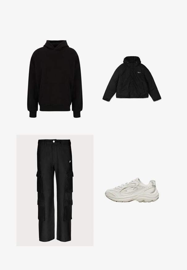 Veste en duvet noire, avec fermeture éclair à l'avant, capuche réglable avec cordons et deux poches latérales. Tissu doux et texturé.; Hoodie noir en pullo avec une poche frontale, des poignets et un ourlet côtelés. Fabriqué en tissu doux, il présente une coupe décontractée et une capuche réglable.; Pantalons cargo noirs avec une coupe ample, plusieurs poches latérales, une fermeture à bouton et une texture de tissu lisse.; Baskets blanches avec une tige texturée et une semelle épaisse. Elles présentent des lignes courbes, des accents gris subtils et un design à lacets.