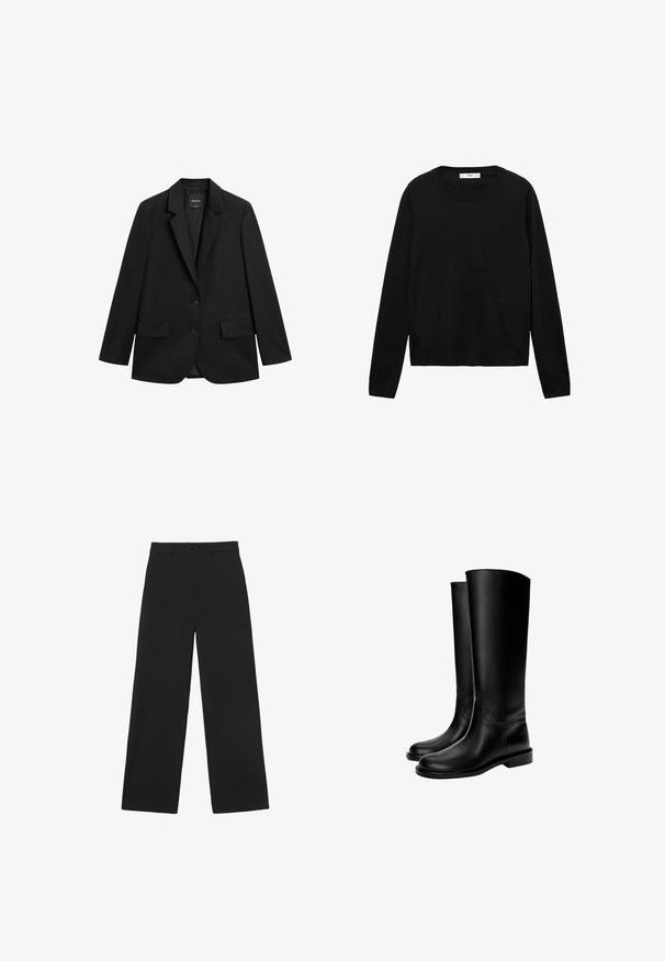 Blazer noir à simple boutonnage avec revers crantés, deux poches à rabat à l'avant et deux boutons sur fond blanc.; Pull noir à manches longues en matière douce avec un col rond et des poignets côtelés, présentant un design simple et droit.; Pantalon noir à jambes larges avec bouton et passants pour ceinture, doté d'une taille haute classique et d'une coupe ajustée.; Bottes en cuir noires montant jusqu'au genou avec une texture lisse, bout rond, semelle plate et design minimaliste, comprenant des coutures cousues et aucun matériel visible.