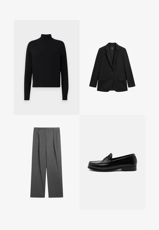 Sort enkeltknappet blazer med hakeskørt revers, to forlommer med klap og to knapper på hvid baggrund.; Sort turtleneck sweater med lange ærmer, ribbede manchetter og en tætsiddende kant. Blød tekstur, enkelt design og ensfarvet uden mønstre.; Mørkegrå pinstripe bukser med vid ben, bæltestropper, for-pli og lukning med krog og stang.; Sort læder penny loafer med lav hæl, moc toe-syning og klassisk slip-on design på en hvid baggrund.