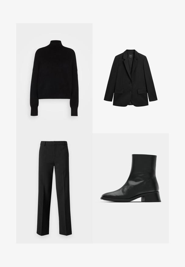 Sort enkeltknappet blazer med hakeskørt revers, to forlommer med klap og to knapper på hvid baggrund.; Sort rullekravesweater med lange ærmer, cropped design, strikket tekstur og tætsiddende manchetter. Enkel, ensfarvet uden mønstre.; Gina Tricot Bukser - black; Sort ankelstøvle lavet af blank læder, med et strømlinet design, spids tå og en moderat blokhælhøjde for stabilitet.