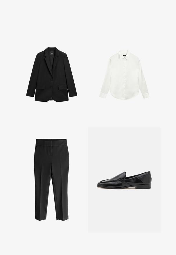 Zwarte enkelrijige blazer met inkeping revers, twee klepzakken aan de voorkant en twee knopen, op een witte achtergrond.; Witte blouse met lange mouwen, kraag en manchetten, plat gelegd met de knopen dicht aan de voorkant in het midden.; Zwarte op maat gemaakte broeken met een zachte textuur, voorzien van een brede tailleband, twee zijzakken en openingen aan de zoom voor een moderne afwerking.; Zwarte leren instappers met een gladde afwerking, voorzien van een gestikt ontwerp langs de voorkant en een lage, vierkante hak.