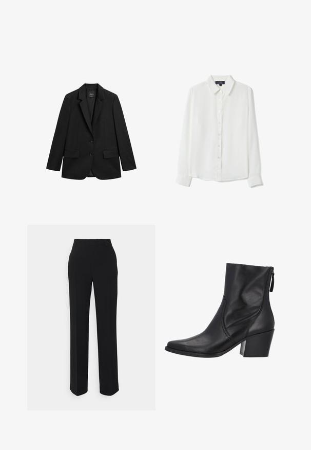 Schwarzer einreihiger Blazer mit Kerbkragen, zwei aufgesetzten Taschen vorne und zwei Knöpfen auf weißem Hintergrund.; Weißes, langärmliges Hemd mit Knöpfen, spitzem Kragen, Frontknopfverschluss und Manschetten, präsentiert vor einem schlichten weißen Hintergrund.; Schwarze, gerade geschnittene Hosen mit glatter Textur. Verfügt über einen Bund und keine sichtbaren Muster oder Akzente. Klassisches und maßgeschneidertes Design.; Schwarzer Knöchelstiefel aus glattem Leder mit spitzer Zehenpartie, seitlichem Reißverschluss und klobigem Absatz. Schlichte Nähte setzen Akzente.
