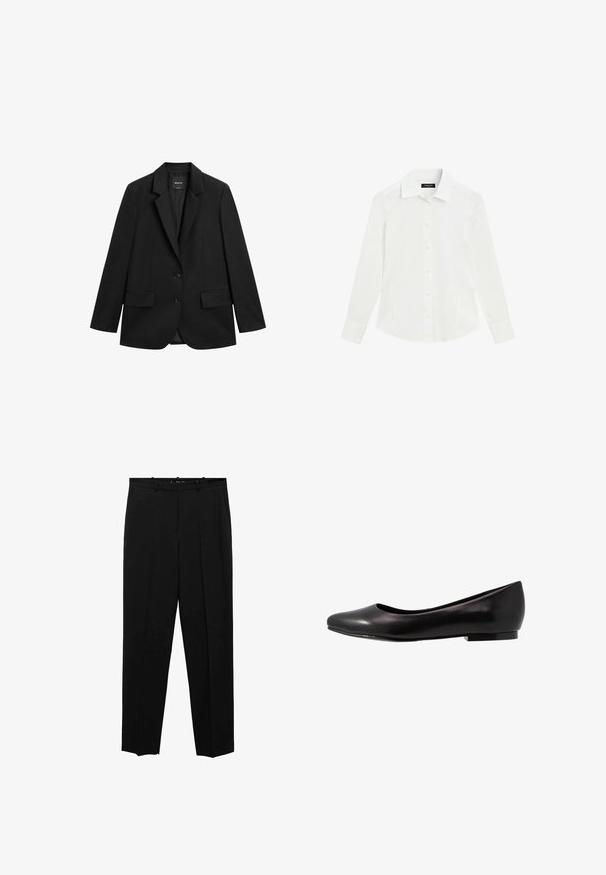 Zwarte enkelrijige blazer met inkeping revers, twee klepzakken aan de voorkant en twee knopen, op een witte achtergrond.; Wit overhemd met lange mouwen, kraag en manchetten, plat liggend op een witte achtergrond.; Zwarte op maat gemaakte broek met een recht model, met voorplooien, een gladde textuur en een standaard tailleband met riemlussen.; Zwarte ballerina van glanzend leer met een ronde neus en een lage, platte zool. Heeft een gladde textuur met een eenvoudig en strak design.