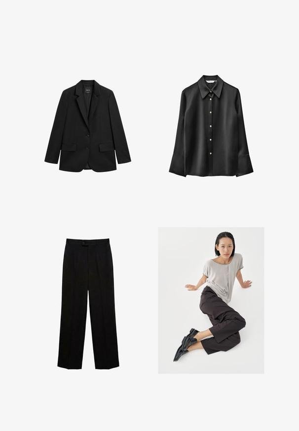Zwarte enkelrijige blazer met inkeping revers, twee klepzakken aan de voorkant en twee knopen, op een witte achtergrond.; Zwarte satijnen blouse met lange mouwen, een puntige kraag, een knoopsluiting aan de voorkant en uitlopende manchetten. Heeft een subtiele glans en ronde knoppen.; Zwarte rechte pantalon met knoopsluiting en voorplooi, ontworpen voor formeel of kantoor gebruik.; Lichtgrijze top met korte mouwen, donkere wijde broekspijpen en zwarte loafers. Soepele stof, ontspannen pasvorm en contrasterende bies op het shirt.