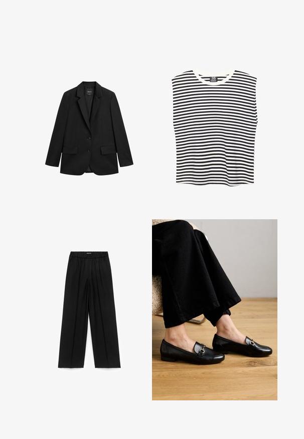 Sort enkeltknappet blazer med hakeskørt revers, to forlommer med klap og to knapper på hvid baggrund.; Sort og hvid horisontalt striped ærmeløs top med rund halsudskæring, lagt fladt mod en hvid baggrund.; Sorte vidde bukser med elastisk talje og sidelommer, lavet af glat stof, lagt fladt på hvid baggrund.; Sorte læder loafers med firkantet tå og lille hæl, der har en dekorativ hardware i guldfarve på oversiden.