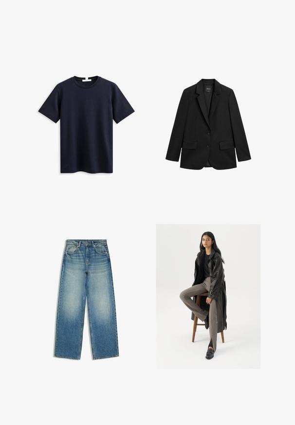 Sort enkeltknappet blazer med hakeskørt revers, to forlommer med klap og to knapper på hvid baggrund.; Marineblå kortærmet T-shirt lavet af blødt bomuld, med en klassisk rund hals og en afslappet pasform, uden synlig branding eller mønstre.; Blå jeans med vid ben, falmet front, fem-lomme design, bæltestropper og knaplukning.; Sort læder trench coat med knapper og bælte detalje, parret med lysebrune tætsiddende bukser og sorte loafers, siddende på en træstol.