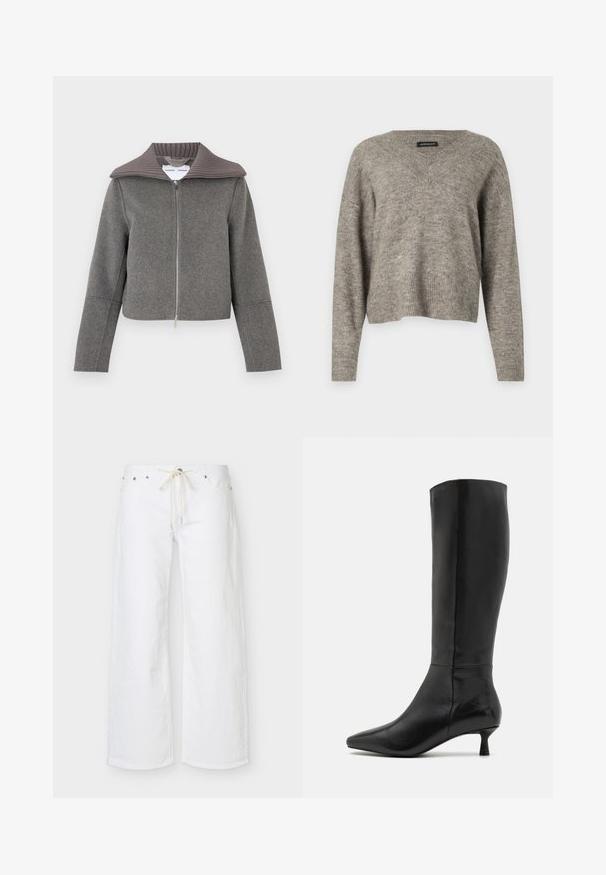 Graue Reißverschlussjacke mit einem gerippten Kragen. Verfügt über lange Ärmel und ein verkürztes Design. Hergestellt aus einem weichen, strukturierten Wollmischgewebe.; V-Ausschnitt, langärmliger Pullover aus hellgrauem Strickstoff mit geripptem Saum. Leichte Textur, leicht verkürztes Design mit entspannter Passform.; Weiße Hose mit weitem Bein, Vordertaschen und beige Kordel zum Binden in der Taille, auf schlichtem Hintergrund dargestellt.; Zign Stiefel - black
