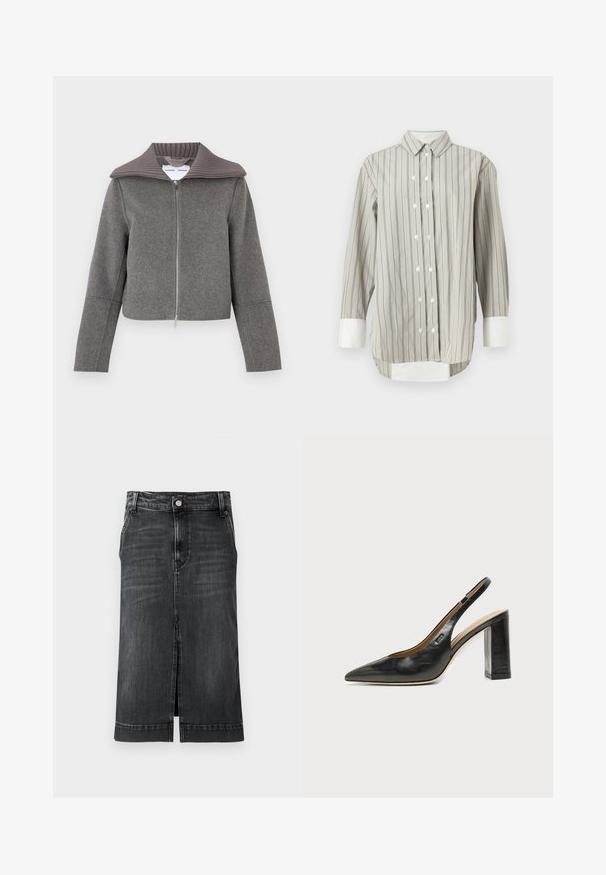 Grijze jas met rits en een geribde kraag. Heeft lange mouwen en een cropped ontwerp. Gemaakt van een zachte, gestructureerde wolmix stof.; Gestreepte blouse in grijs en wit, met een klassieke kraag, knoopsluiting met witte knopen en contrasterende witte manchetten. Lange mouwen.; Donkerdenim rok met een rechte snit, knielang, met een split aan de voorkant en een klassiek vijf-pocket ontwerp. Heeft een knoopsluiting en riemlussen.; Zwarte leren slingback schoen met puntige neus, blokhak en klein logo aan de zijkant, op een effen witte achtergrond.