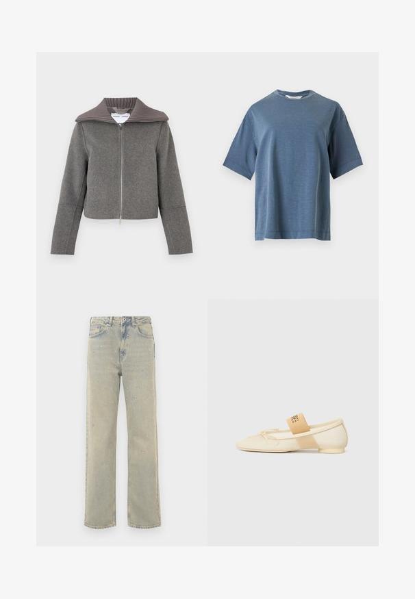 Grå lynlåstrøje med ribbet krave. Har lange ærmer og et kort snit. Fremstillet af et blødt, tekstureret uldblandet stof.; Blå kortærmet bomulds T-shirt med rund hals, vist mod en lysegrå baggrund.; Lyseblå denim brede bukser med en falmet finish, pyntet med sølvfarvede nitter arrangeret i cirkulære mønstre på fronten.; Kræmfarvet flad sko med spids tå, snøredetalje og en dekorativ rem med logo på siden. Glat tekstur, lav hæl.