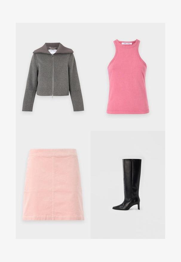 Graue Reißverschlussjacke mit einem gerippten Kragen. Verfügt über lange Ärmel und ein verkürztes Design. Hergestellt aus einem weichen, strukturierten Wollmischgewebe.; Rosa Baumwolltanktop mit rundem Halsausschnitt und Racerback-Design. Verfügt über doppelt genähte Säume und eine weiche, glatte Textur.; Rosa Cord-Ripp-Minirock mit taillierter Passform und vertikaler Rippstruktur. Der Saum ist gerade und er hat ein schlichtes Design ohne Verzierungen.; Schwarze kniehohe Stiefel aus glattem Leder, mit spitzer Zehenpartie und schlankem Absatz, ausgestattet mit einem anliegenden Schaft und minimalistischem Design.