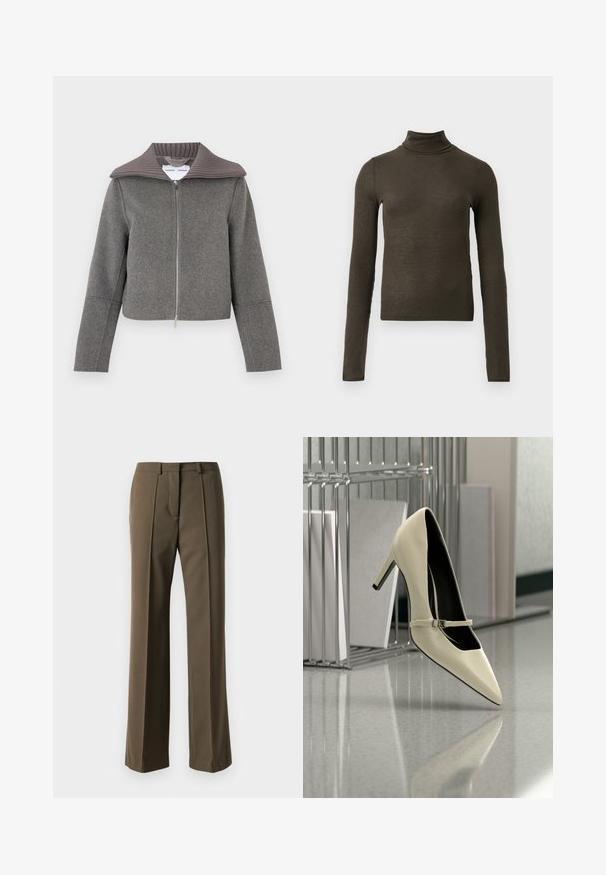 Graue Reißverschlussjacke mit einem gerippten Kragen. Verfügt über lange Ärmel und ein verkürztes Design. Hergestellt aus einem weichen, strukturierten Wollmischgewebe.; Dunkelolivgrünes, geripptes Langarm-Top mit Rollkragen, schmalem Schnitt und leicht verkürzter Länge auf hellem, einfarbigem Hintergrund.; Braune maßgeschneiderte Hose mit geradem Schnitt, gefaltetem Vorderteil und klassischem Bund. Hergestellt aus glattem Stoff mit raffiniertem Finish.; Cremefarbener High-Heel mit einem dünnen Riemen, auf einem reflektierenden Boden nahe einem Metall-Aktenorganizer mit Papieren platziert.