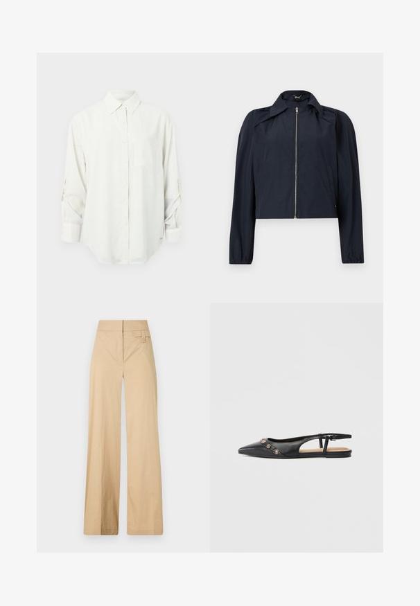 Veste légère bleu marine avec fermeture éclair frontale, manches longues, col et poches latérales sur un fond clair uni.; Chemise blanche à manches longues avec col, poche poitrine unique et manches retroussées. Tissu doux et lisse avec une coupe décontractée.; Pantalons larges beige en coton mélangé. Caractéristiques : texture lisse, taille élastique et détail à bouton sur le côté.; Mocassin plat à bout pointu en cuir noir avec breloques décoratives dorées sur le dessus et une petite bride à boucle au talon.