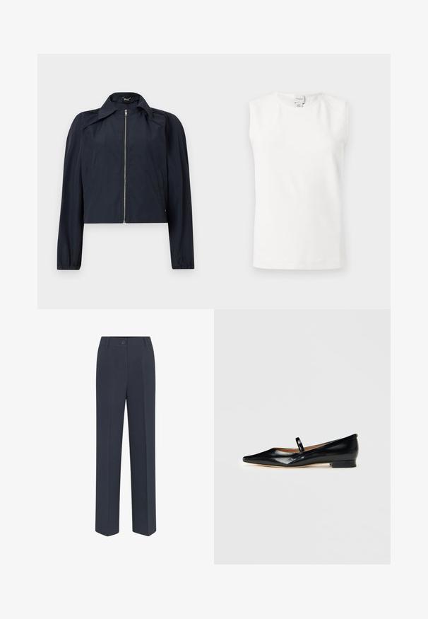 Navyblå letvægtsjakke med frontlynlås, lange ærmer, krave og sidelommer på en ensfarvet lys baggrund.; Hvid ærmeløs top med rund hals og Calvin Klein-mærkat på bagsiden af kraven, vist på en ensartet lys baggrund.; Marineblå, skræddersyede bukser med lige ben, der har lukkefunktion foran med knap og diskrete stolpefure detaljer. Glat stofstruktur.; Sorte patenterede læder Mary Jane flade sko med spids tå, én rem og lav hæl på ensfarvet baggrund.