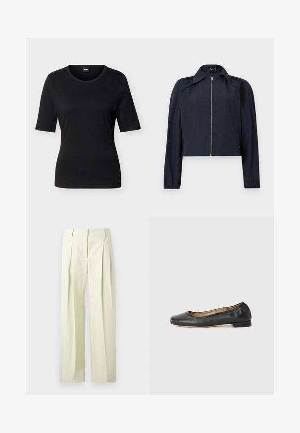 Veste légère bleu marine avec fermeture éclair frontale, manches longues, col et poches latérales sur un fond clair uni.; T-shirt noir ajusté à manches courtes avec col rond et étiquette de marque à l'intérieur du col arrière.; Pantalon ample couleur crème avec fines rayures verticales, plis à l'avant, poches latérales, et passants pour ceinture.; Ballerines en cuir noir avec un bout arrondi et des coutures minimales. Talon bas et rectangulaire avec une texture lisse. Détails subtils de doublure intérieure.