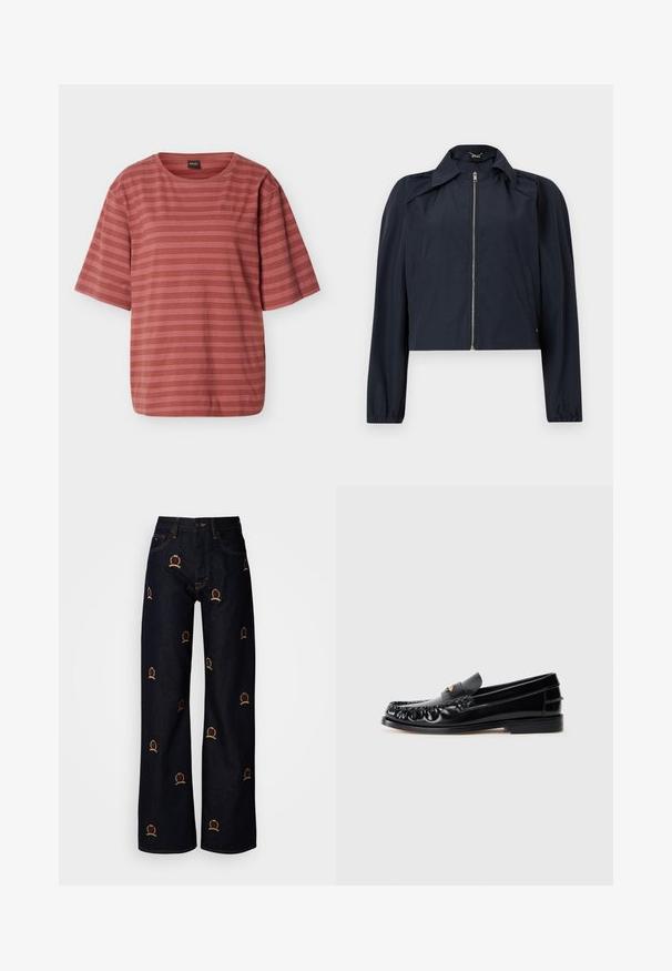 Veste légère bleu marine avec fermeture éclair frontale, manches longues, col et poches latérales sur un fond clair uni.; T-shirt à manches courtes couleur rouille avec de fines rayures horizontales blanches et un petit logo brodé sur le côté gauche de la poitrine.; Jean en denim foncé à jambes larges ornés de motifs de couronnes brodées multicolores. Design classique à cinq poches avec des détails de surpiqûres contrastantes.; Mocassins en cuir noir avec un bout arrondi, des coutures décoratives et un petit accent doré sur le dessus. Semelle en caoutchouc plate, design épuré.