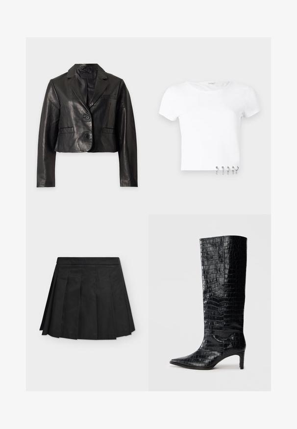 Blazer en cuir noir raccourci avec deux boutons, col à revers cranté et poches avant à rabat sur fond uni.; T-shirt blanc à manches courtes en coton, avec un col rond et des accents métalliques comprenant des crochets sur l'ourlet gauche.; Mini-jupe noire plissée avec large ceinture, plis plats uniformément espacés, présentée à plat sur un fond gris clair.; Bottes noires montantes, avec une texture brillante à motif crocodile, bout pointu et talon effilé. Matériau synthétique lisse.